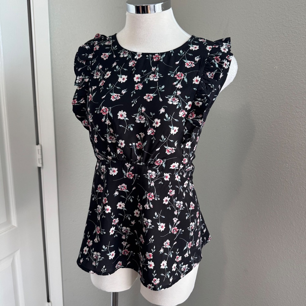 WEEK& Floral Ruffle Sleeve Peplum Top Black Pink White Flowers Size L